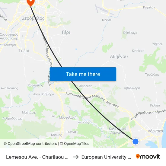 Lemesou Ave. - Charilaou Trikoupi to European University Cyprus map