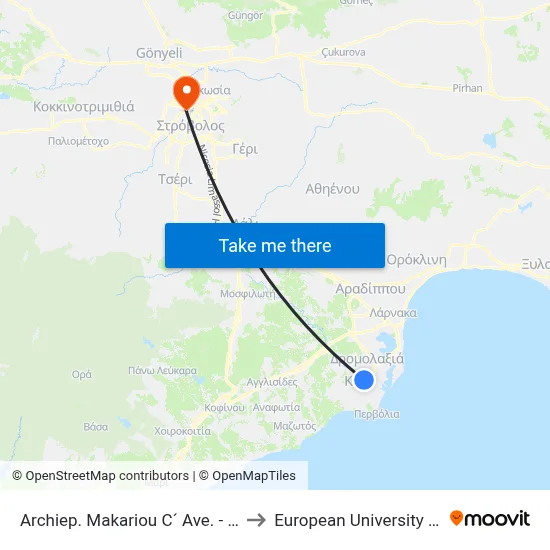 Archbishop Makarios III Avenue - Chanion to European University Cyprus map