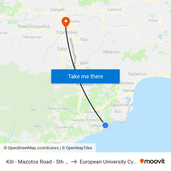 Kiti - Mazotos Road - 5th Stop to European University Cyprus map