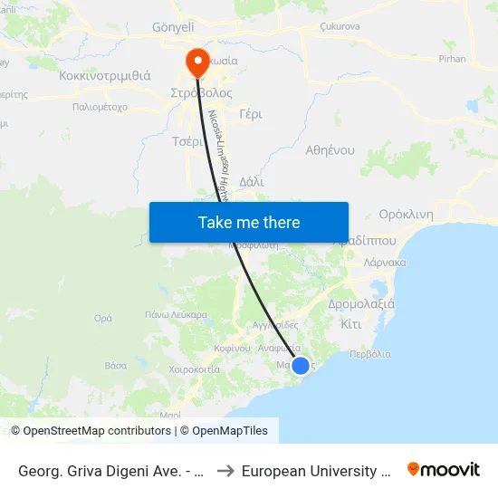 George Griva Digeni Ave. - Evropis to European University Cyprus map