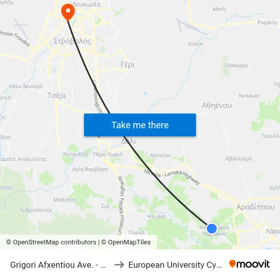 Grigori Afxentiou Avenue - Pigis to European University Cyprus map