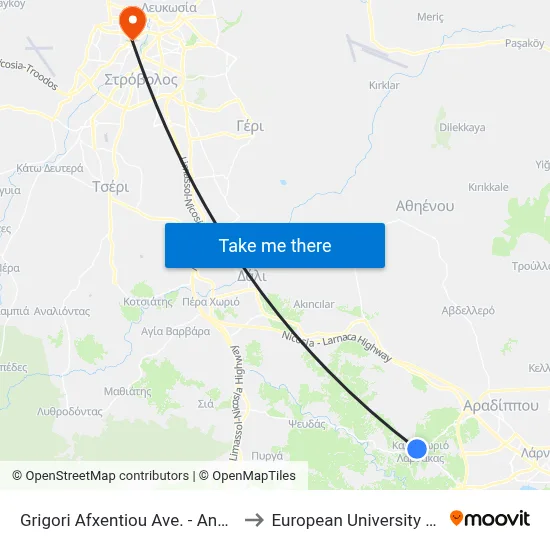 Grigoris Afxentiou Avenue - Angastinas to European University Cyprus map