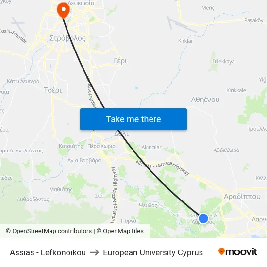 Assia - Lefkonoiko to European University Cyprus map