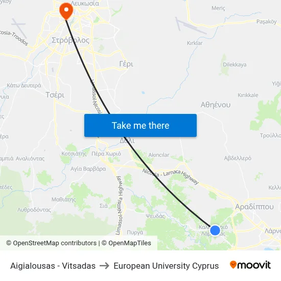 Aigialousas - Vitsadas to European University Cyprus map