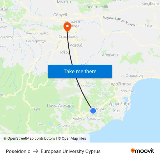 Poseidonio to European University Cyprus map