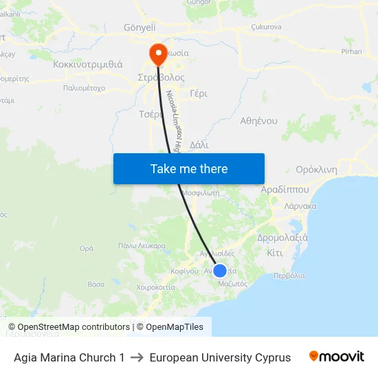 Ag. Marina Church to European University Cyprus map