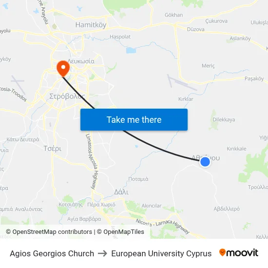 Ag. Georgios Church to European University Cyprus map