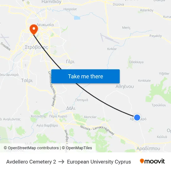 Avdellero Cemetery to European University Cyprus map