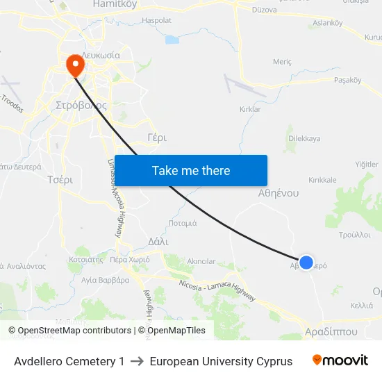 Avdellero Cemetery to European University Cyprus map