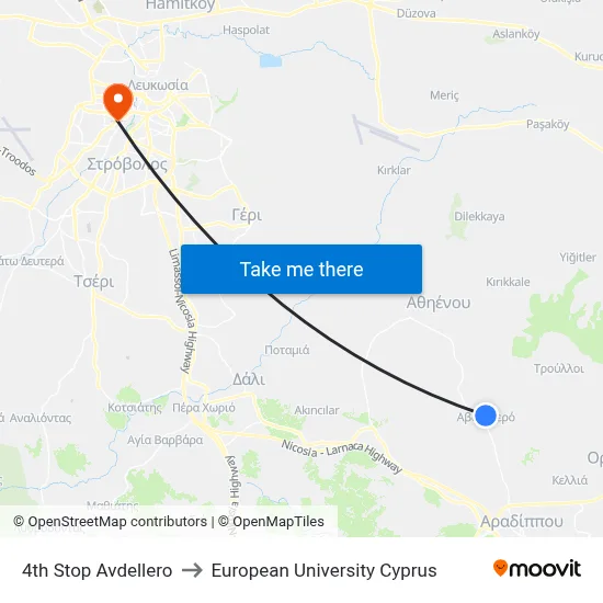 4th Stop Avdellero to European University Cyprus map
