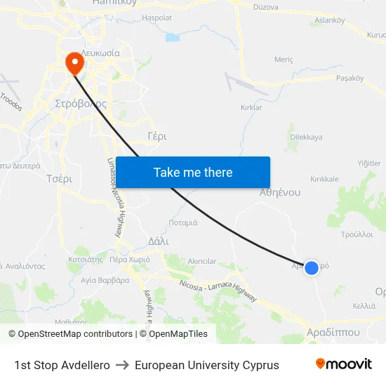 1st Stop Avdellero to European University Cyprus map