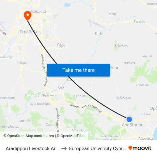 Aradippou Livestock Area to European University Cyprus map