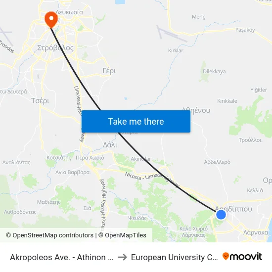 Akropoleos Ave. - Athinon Ave. to European University Cyprus map