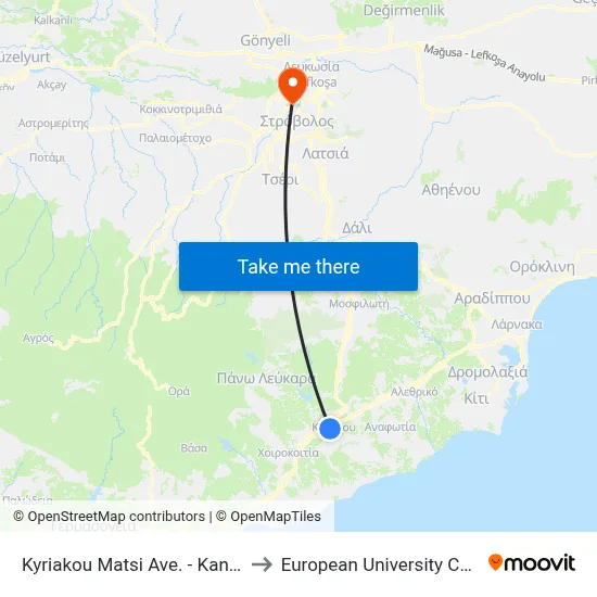 Kyriakou Matsi Avenue - Kantaras to European University Cyprus map