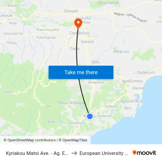 Kyriakou Matsi Ave. - Ag. Epiktitou to European University Cyprus map
