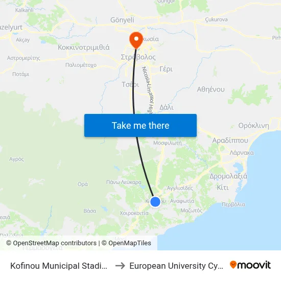 Kofinou Municipal Stadium to European University Cyprus map