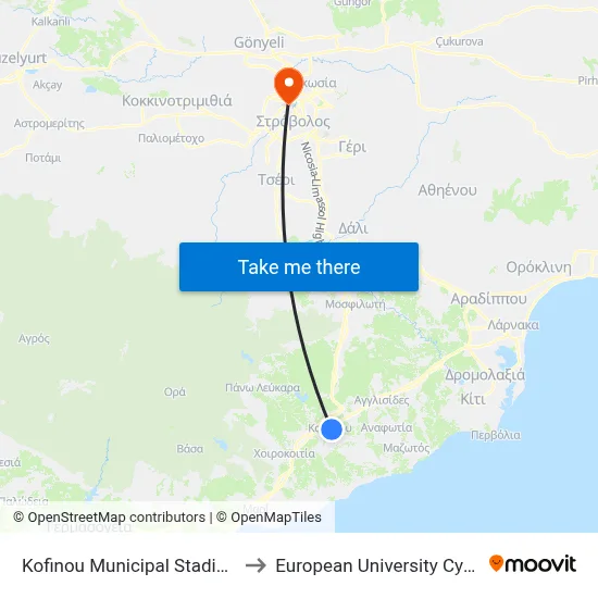 Kofinou Municipal Stadium to European University Cyprus map