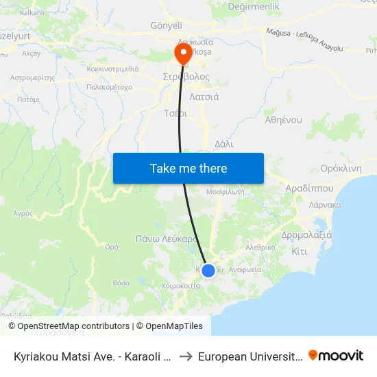 Kyriakou Matsi Avenue - Karaoli Kai Dimitriou to European University Cyprus map