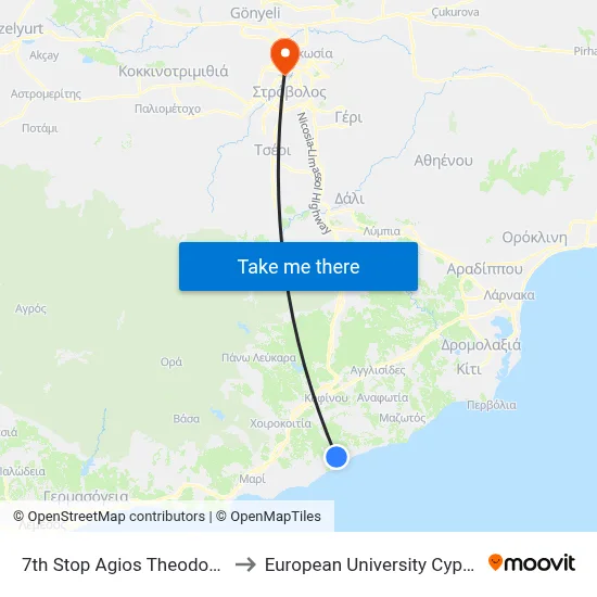 7th Stop Ag. Theodoros to European University Cyprus map