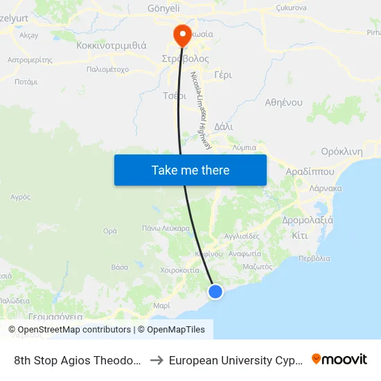 8th Stop Ag. Theodoros to European University Cyprus map