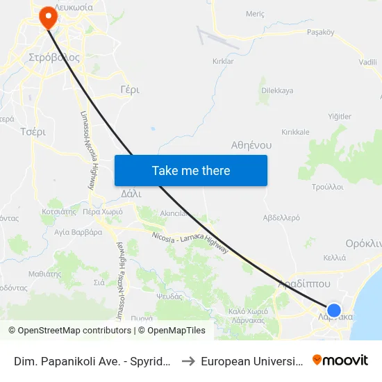 Dim. Papanikolis Ave. - Spyridon Trikoupis to European University Cyprus map