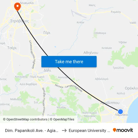 Dim. Papanikoli Ave. - Ag. Theklis to European University Cyprus map