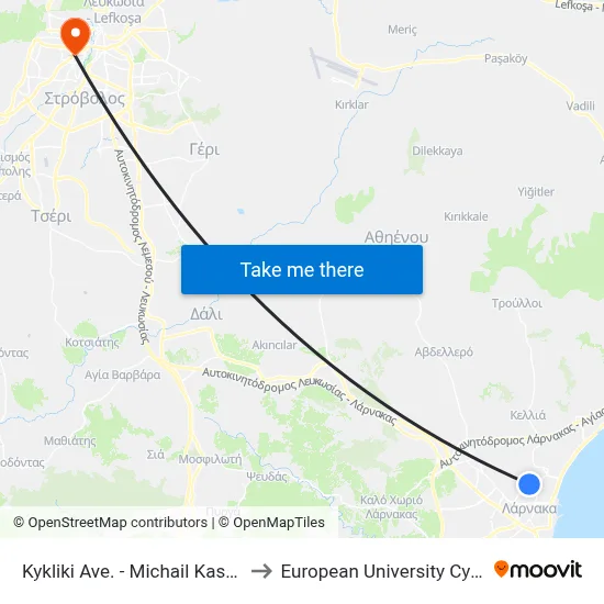 Kykliki Ave. - Michail Kasialou to European University Cyprus map