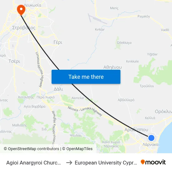 Ag. Anargyroi Church to European University Cyprus map