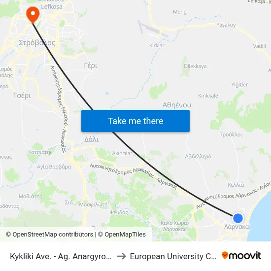 Kykliki Ave. - Ag. Anargyron Ave. to European University Cyprus map