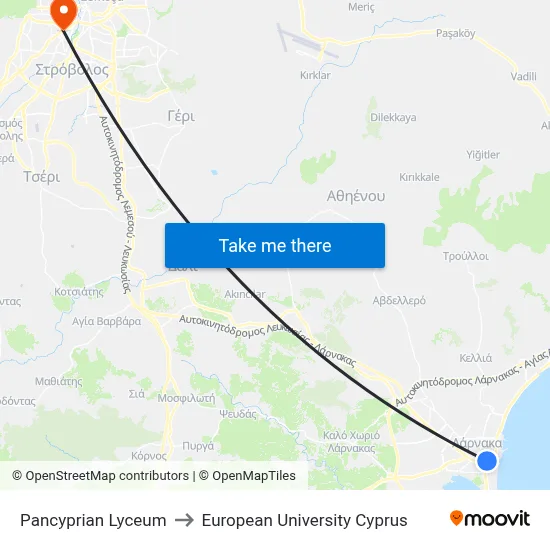 Pancyprian Lyceum to European University Cyprus map
