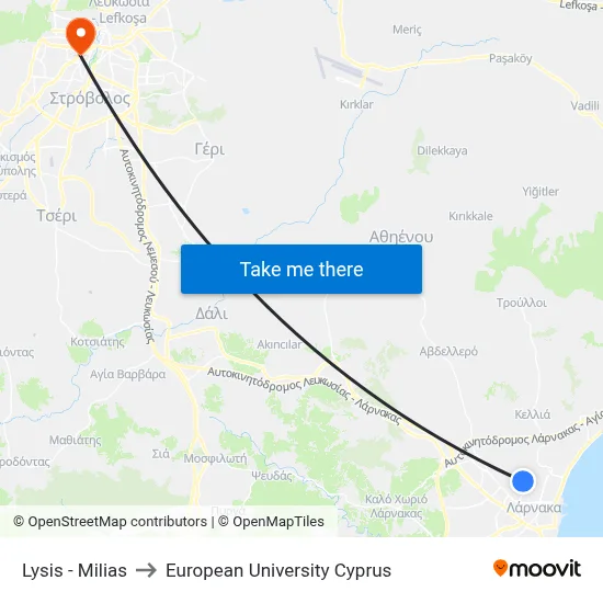 Lysis - Milias to European University Cyprus map