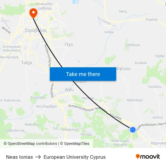 Neas Ionias to European University Cyprus map