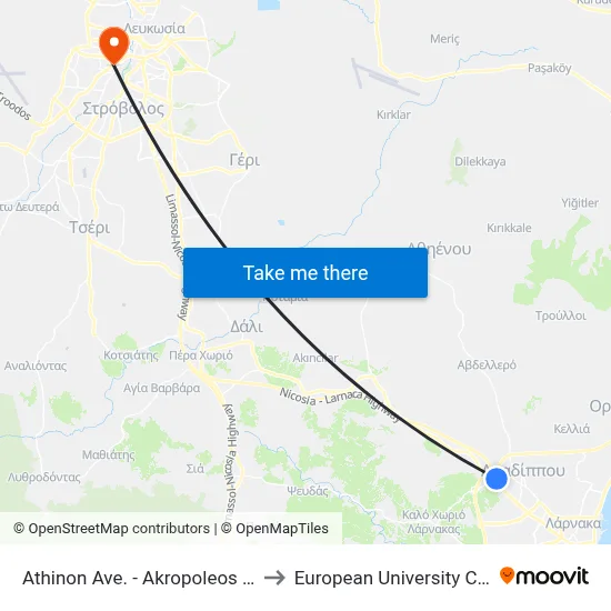 Athinon Ave. - Akropoleos Ave. to European University Cyprus map