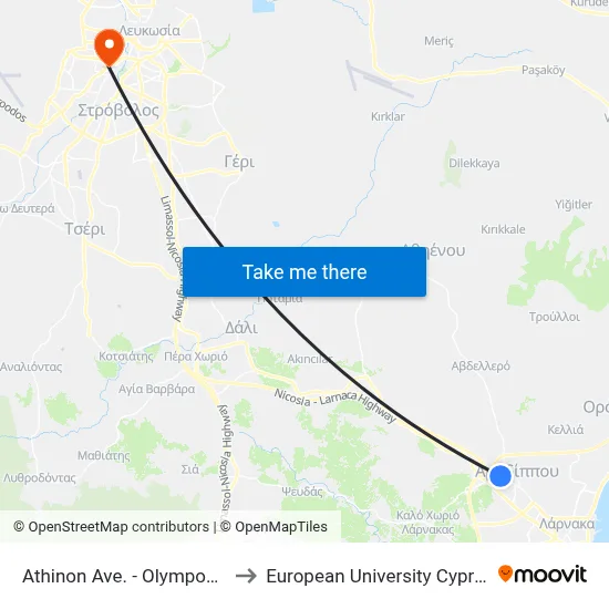 Athinon Ave. - Olympou to European University Cyprus map