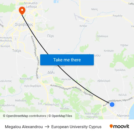 Megalou Alexandrou to European University Cyprus map