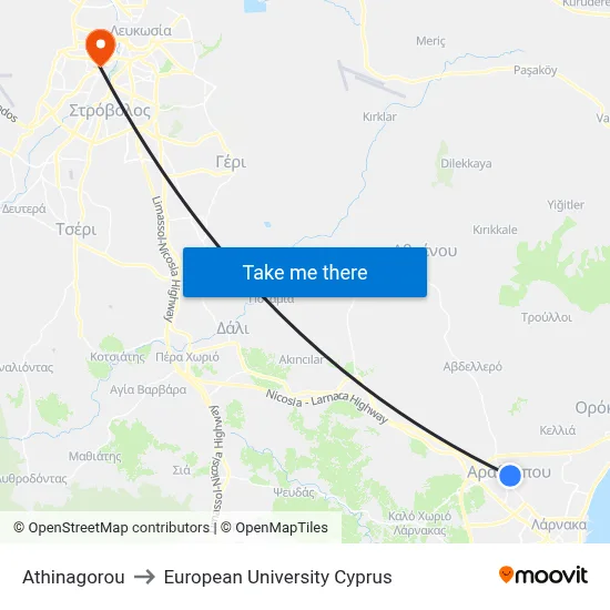 Athinagorou to European University Cyprus map