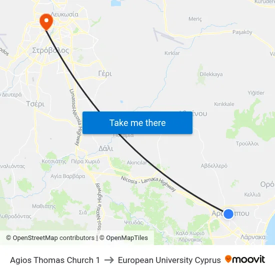 Ag. Thomas Church to European University Cyprus map