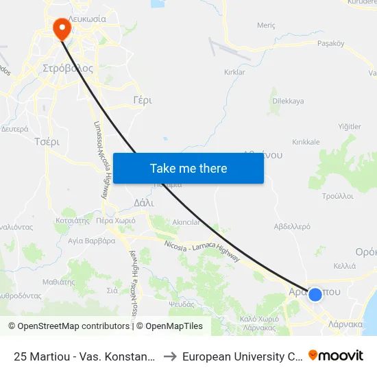 25 Martiou - Vas. Konstantinou to European University Cyprus map
