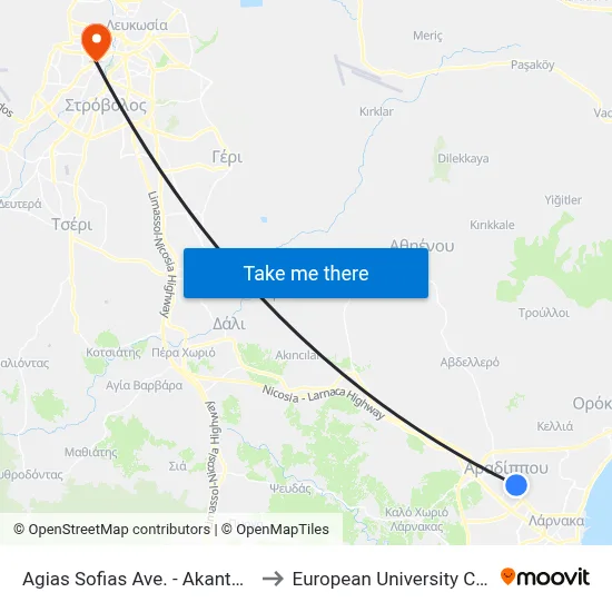 Ag. Sofias Ave. - Akanthous to European University Cyprus map