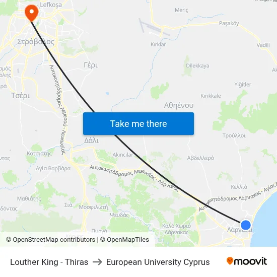 Louther King - Thiras to European University Cyprus map