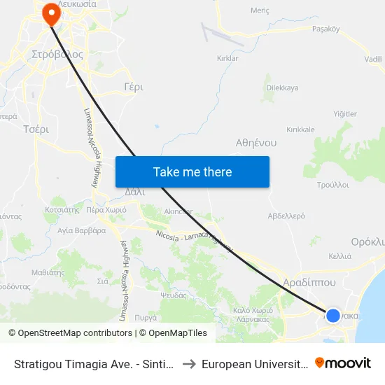 Stratigou Timagia Avenue - Sintika Chanoum to European University Cyprus map