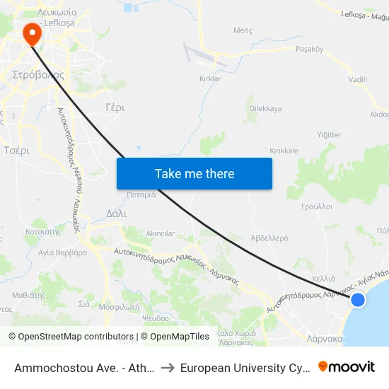 Ammochostou Ave. - Athinon to European University Cyprus map