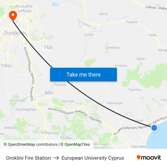 Oroklini Fire Station to European University Cyprus map