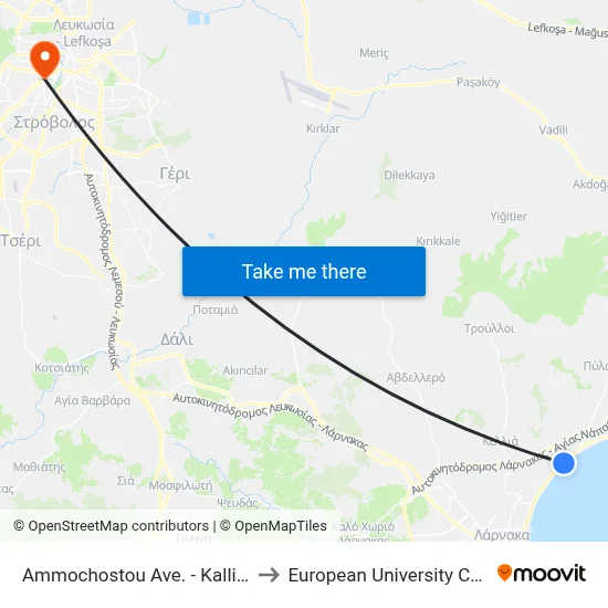 Ammochostou Ave. - Kalliskala to European University Cyprus map