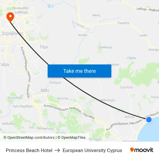 Princess Beach Hotel to European University Cyprus map
