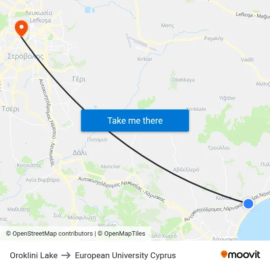 Oroklini Lake to European University Cyprus map
