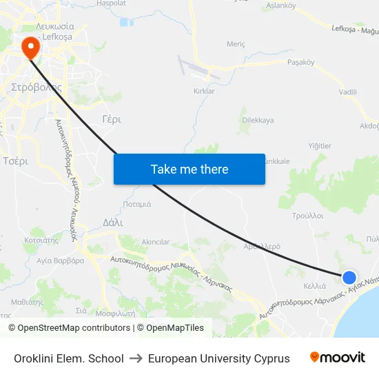 Oroklini Elem. School to European University Cyprus map