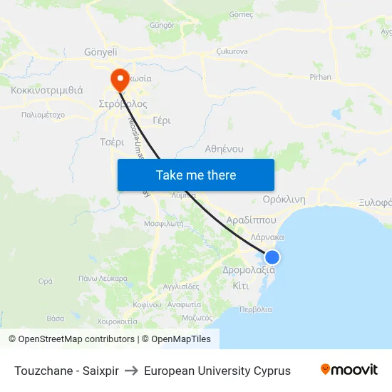 Touzchane - Shakespeare to European University Cyprus map