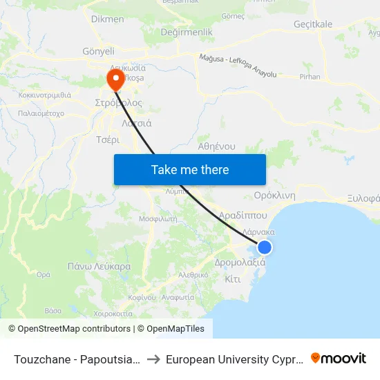 Touzchane - Papoutsialik to European University Cyprus map