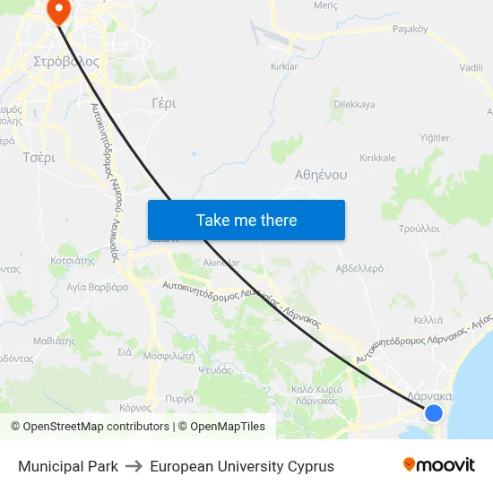Municipal Park to European University Cyprus map